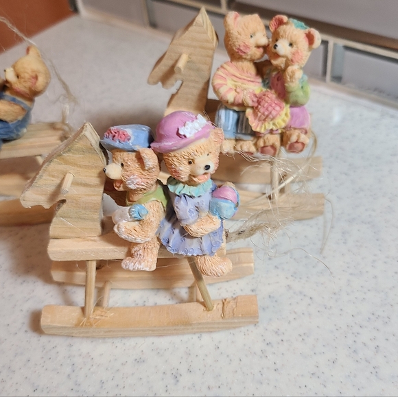 Unique Vintage Ceramic Bear Family on Wooden Rocking Horse - Picture 4 of 9